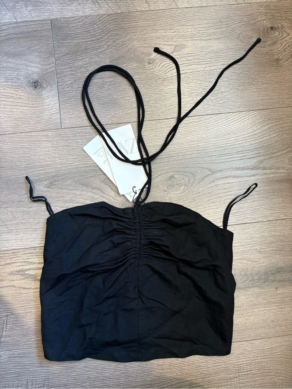 Zara Black Ruched Tube Top Halter Crop Top Tie Back